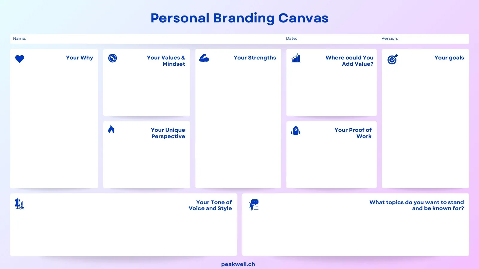 Preview of the Personal Branding Canvas: Your why, values and mindset, strengths, unique perspective, where you could add value, proof of work, goals, tone of voice and topics